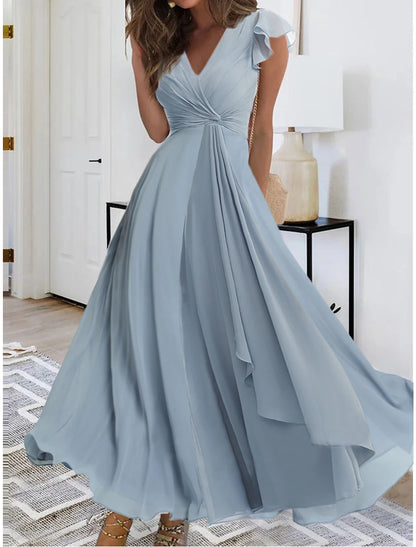 Women's Prom Dress Party Dress Homecoming Dress Long Dress Maxi Dress Blue Sleeveless Pure Color Layered Summer Spring Fall V Neck Fashion Evening Party Wedding Guest Summer Dress