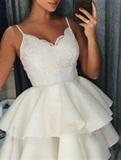 A-Line Homecoming Dresses Tiered Plisse Dress Holiday Graduation Short / Mini Half Sleeve Spaghetti Strap Satin with Ruffles