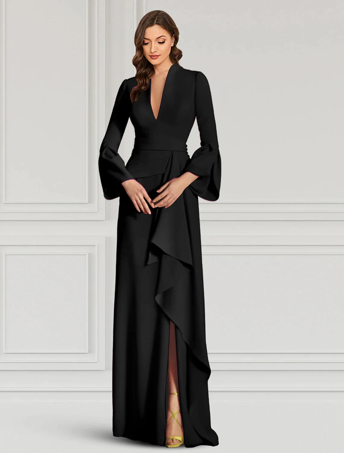 heath Evening Gown Elegant Black Dress Formal Cocktail Party Dress Floor Length Long Sleeve V Neck Fall Wedding Guest Stretch Fabric with Ruffles