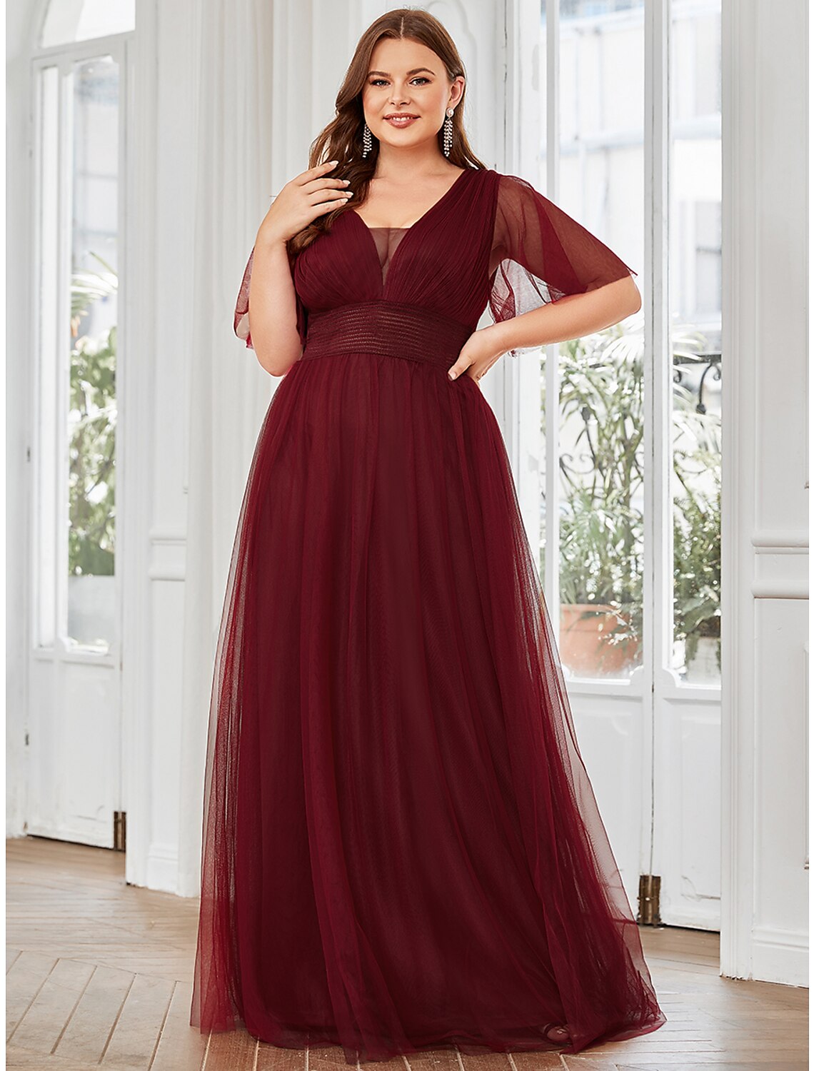 A-Line Bridesmaid Dress V Neck Short Sleeve Plus Size Floor Length Tulle with Ruffles / Draping / Tier 2024 / Butterfly Sleeve
