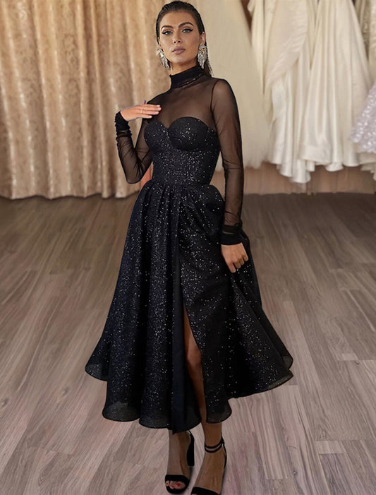 A-Line Cocktail Dresses Sparkle & Shine Dress Wedding Guest Party Wear Tea Length Long Sleeve High Neck Wednesday Addams Family Tulle with Glitter Slit