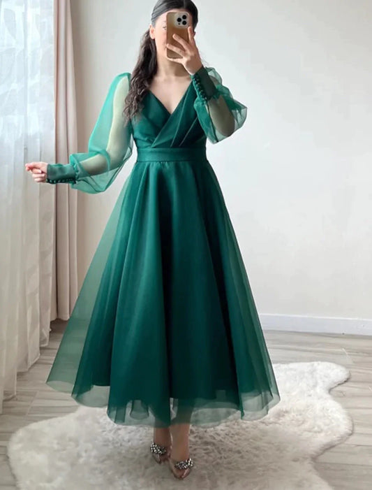 A-Line Cocktail Dresses Minimalist Dress Christmas Red Green Dress Wedding Guest Tea Length Long Sleeve V Neck Organza with Buttons Pure Color