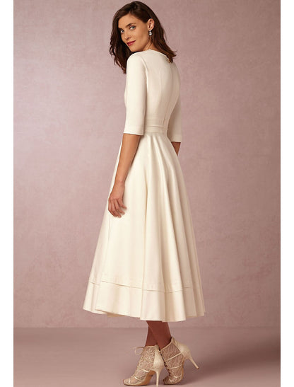 A-Line Special Occasion Dresses Party Dress Holiday Wedding Guest Tea Length Half Sleeve V Neck Pocket Jersey with Pleats White & Ivory ship in 48 hours