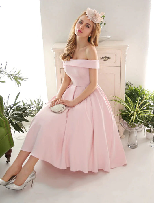 A-Line Cocktail Dresses Vintage Dress Engagement Cocktail Party Tea Length Sleeveless Off Shoulder Stretch Fabric with Pleats