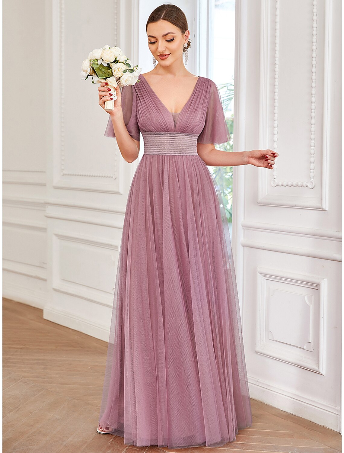 A-Line Bridesmaid Dress V Neck Short Sleeve Plus Size Floor Length Tulle with Ruffles / Draping / Tier 2024 / Butterfly Sleeve
