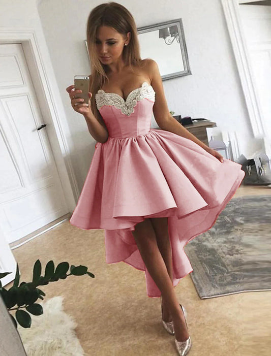 A-Line Cocktail Dresses Minimalist Dress Homecoming Graduation Asymmetrical Sleeveless Strapless Satin with Appliques