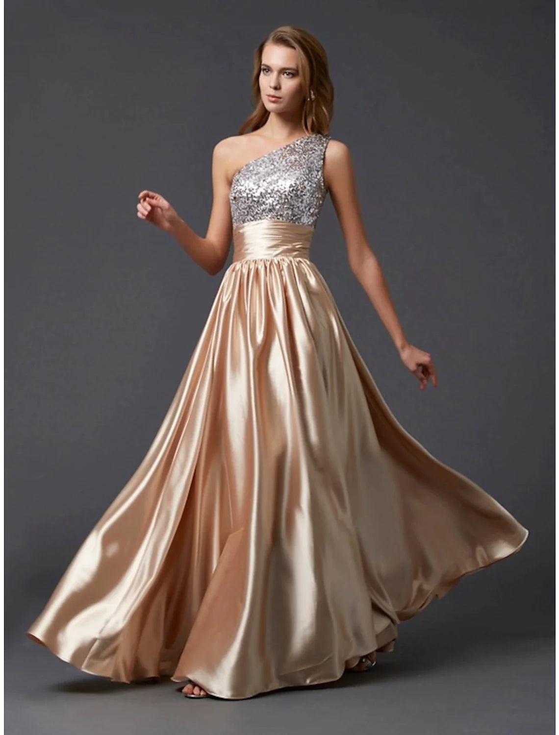 A-Line Prom Dresses Sparkle & Shine Dress Party Wear Wedding Party Floor Length Sleeveless One Shoulder Charmeuse with Pleats Sequin