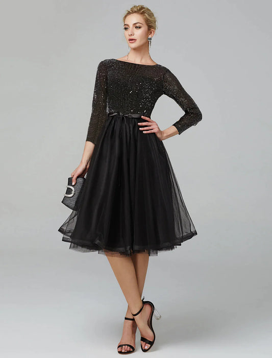 A-Line Cocktail Dresses Sparkle & Shine Dress Formal Wedding Guest Tea Length 3/4 Length Sleeve Jewel Neck Fall Wedding Guest Tulle with Sequin Strappy