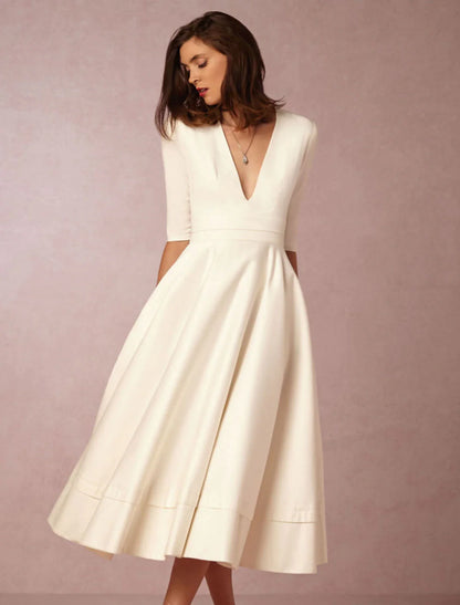 A-Line Special Occasion Dresses Party Dress Holiday Wedding Guest Tea Length Half Sleeve V Neck Pocket Jersey with Pleats White & Ivory ship in 48 hours